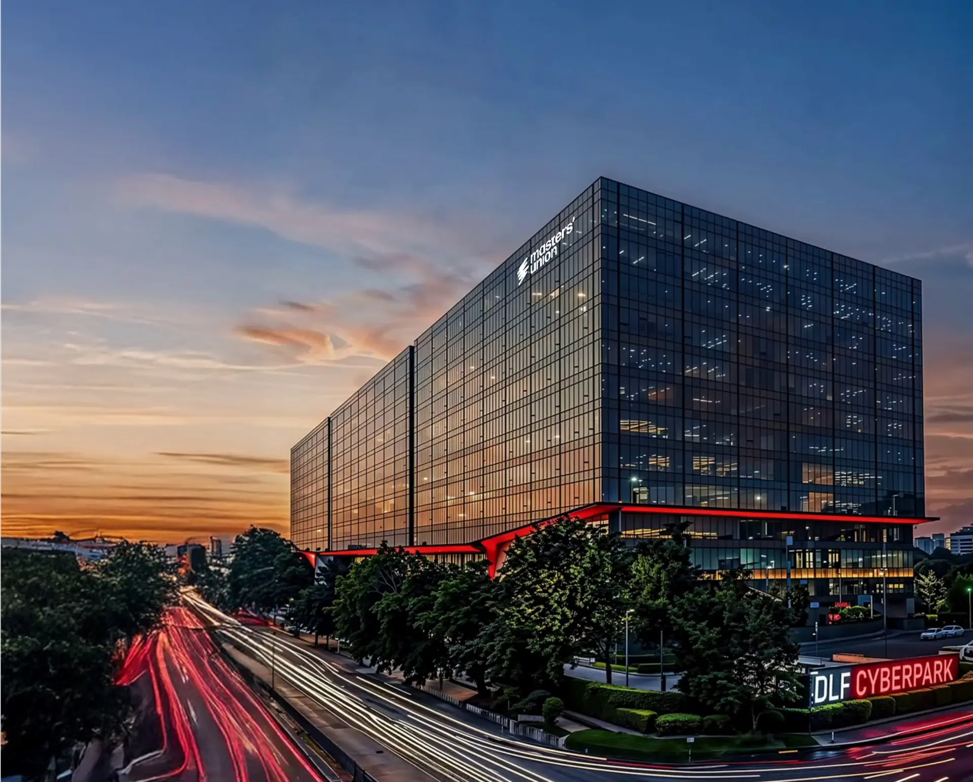 Masters' Union campus at DLF Cyberpark, Gurugram, at dusk